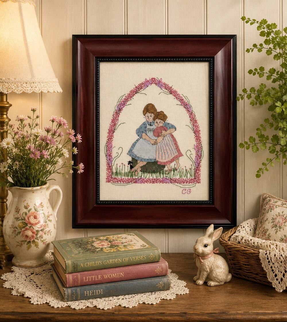 VTG Handmade Framed Cross Stitch Two Girls Friendship Folk Art Cottagecore 13x15